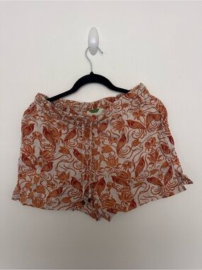 Anthropologie Floral Linen-Blend Drawstring Shorts - Rust on Beige